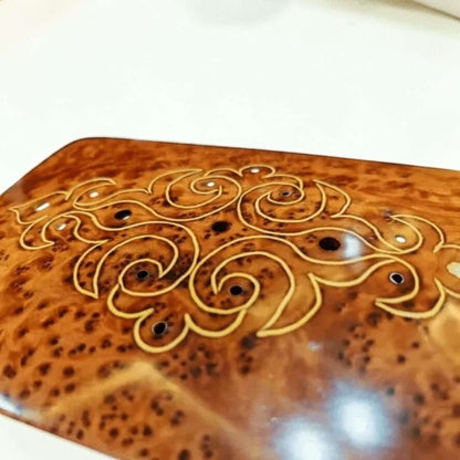 Intricate design on Small Thuya Wood Box – Decorative Burl Wood Keepsake & Jewelry Box handcrafted from Thuya burl wood.
