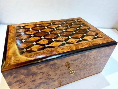 Moroccan Thuya burl wood organizer with inlaid lid and polished grain