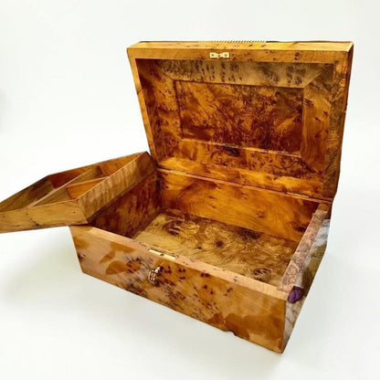 Open Thuya wood jewelry box with divided interior for rings, watches, bracelets, and keepsakes