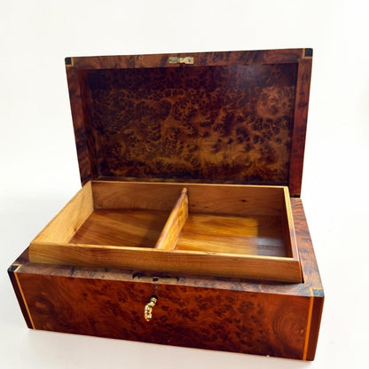 Open Thuya wood jewelry box with divided interior compartments