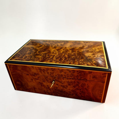 Handmade Thuya wood jewelry box with brass lock and decorative inlay
