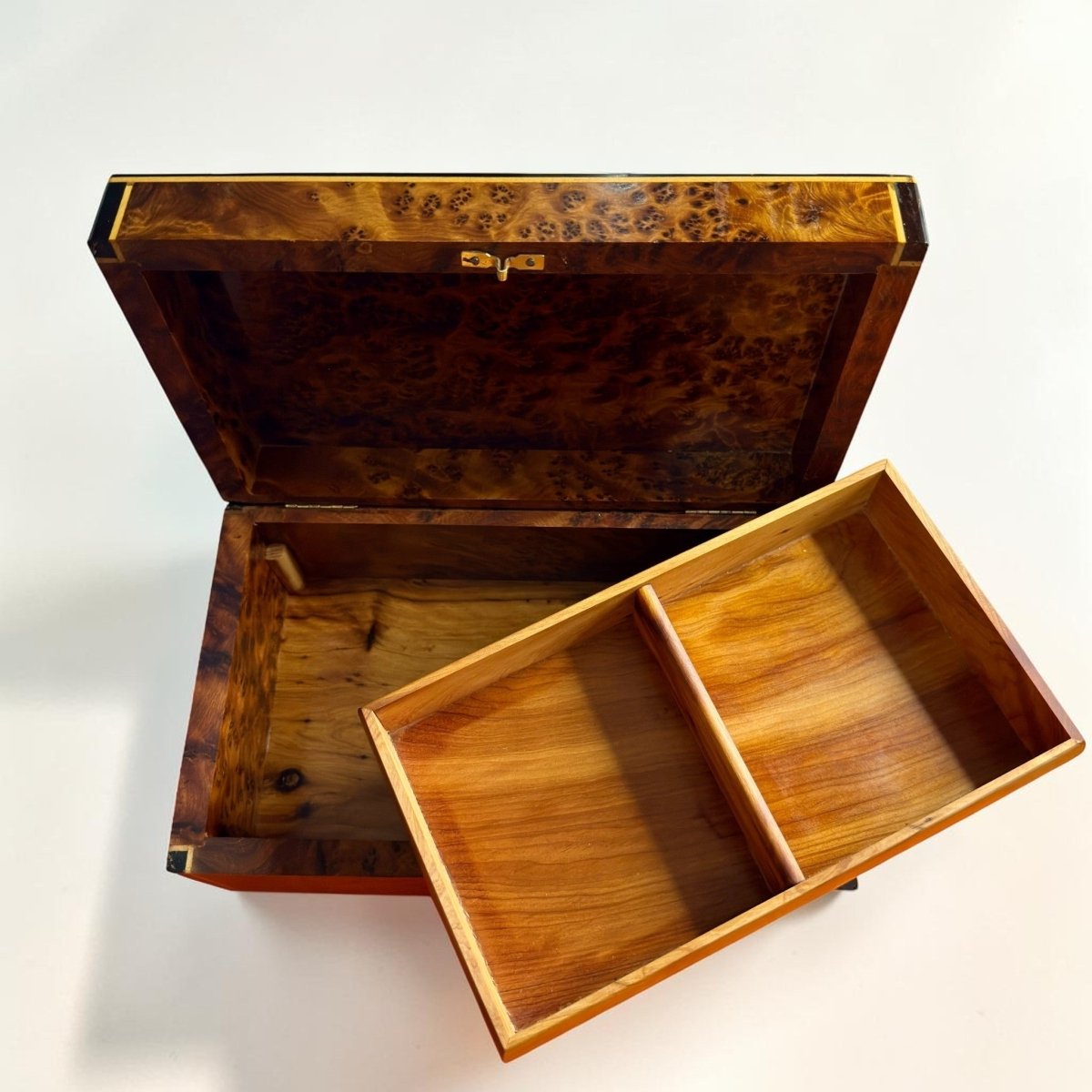 Moroccan Thuya jewelry box with brass accents and unique burl pattern