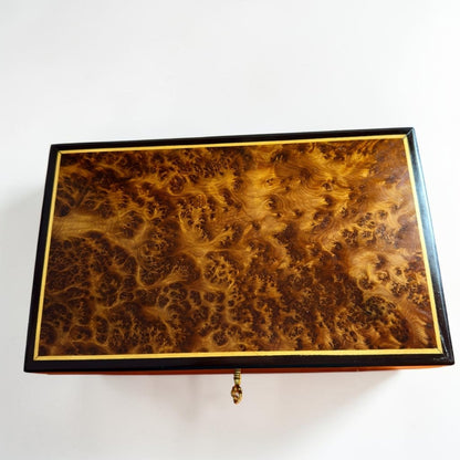 Handmade Moroccan Thuya jewelry box with dark border and brass hardware