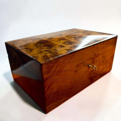 Wooden Box Holder with Key – Handmade Moroccan Thuya Storage Box in rich Thuya burl wood finish.