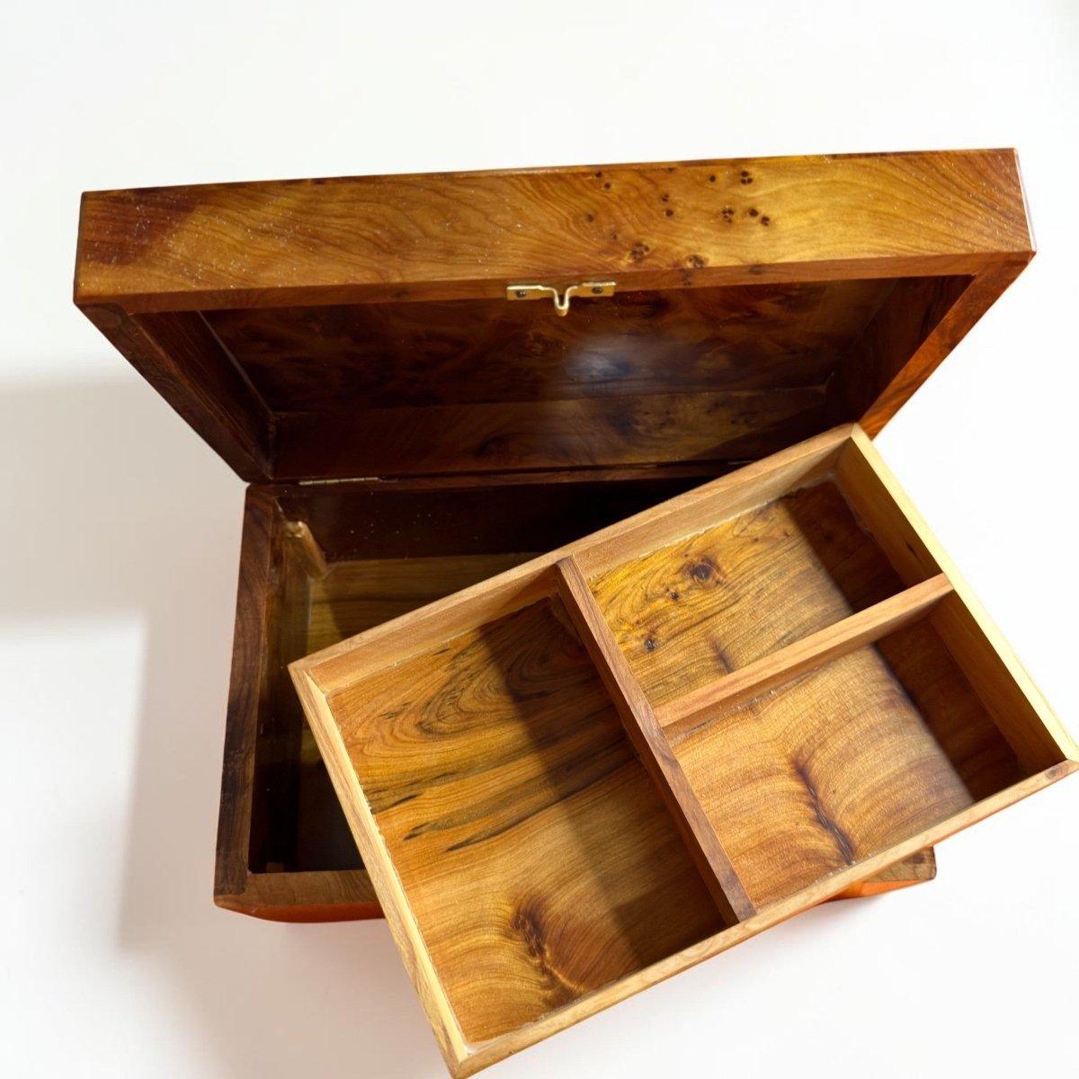 Thuya wood box holder with key and removable upper storage tray