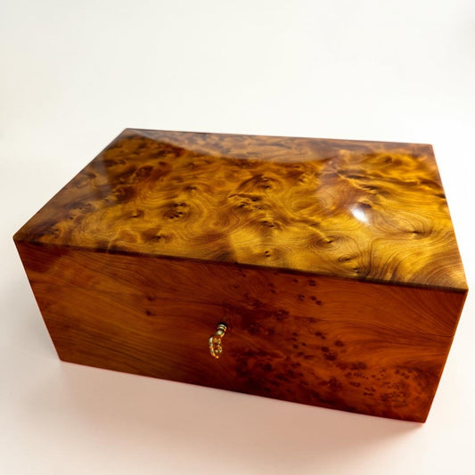Wooden box holder with key crafted from Moroccan Thuya burl wood