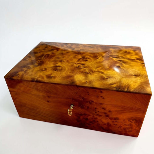 Wooden Box Holder with Key – Handmade Moroccan Thuya Storage Box in rich Thuya burl wood, perfect for jewelry and keepsakes.