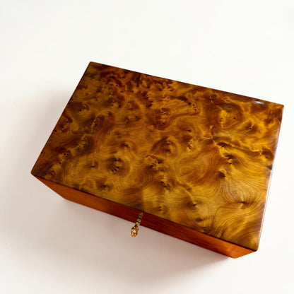 Open Moroccan Thuya box with two tier interior and brass hardware