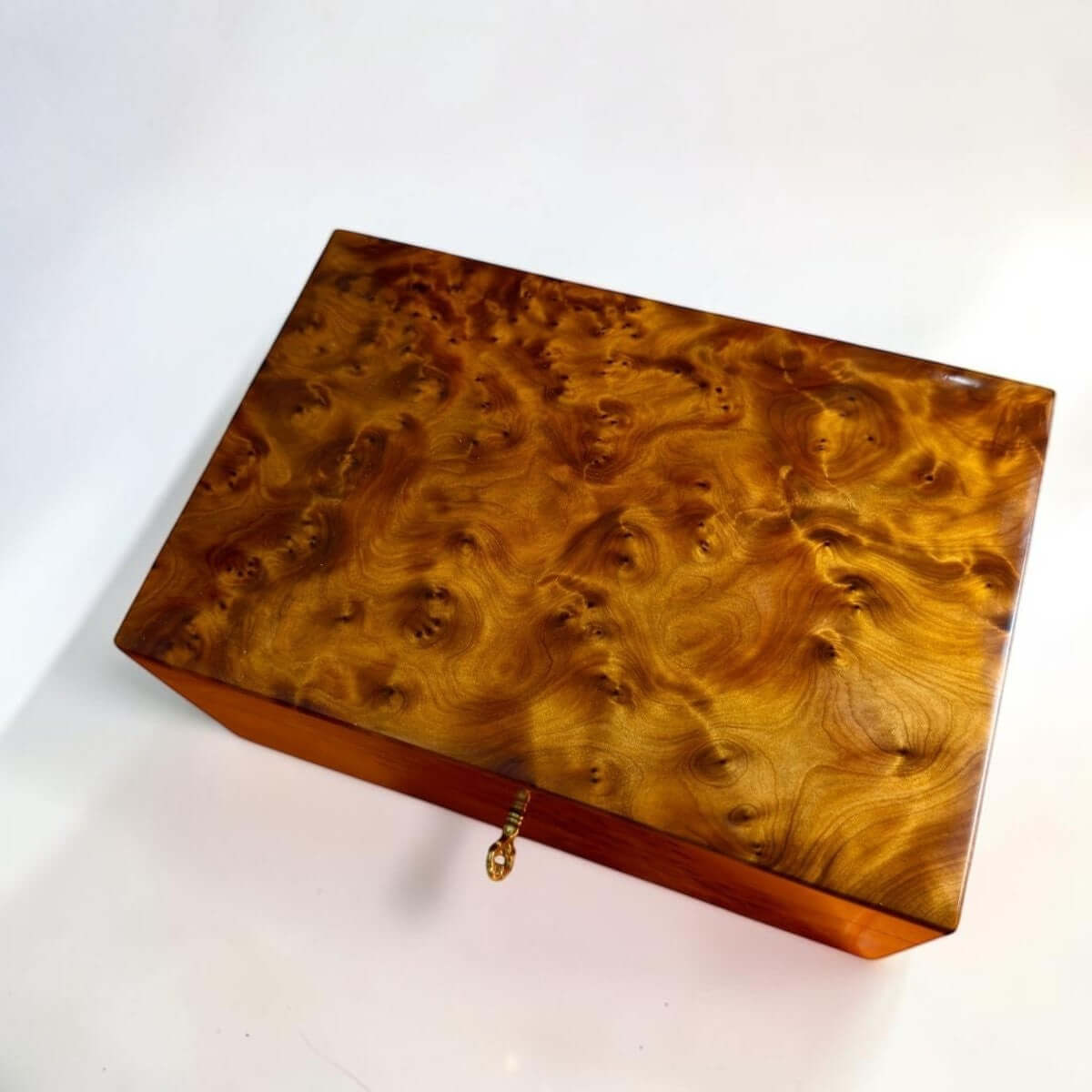 Wooden Box Holder with Key – Handmade Moroccan Thuya Storage Box in rich Thuya burl wood finish.