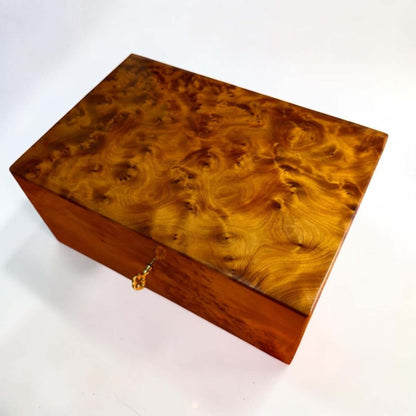 Wooden Box Holder with Key – Handmade Moroccan Thuya Storage Box in rich Thuya burl wood with classic key detail.