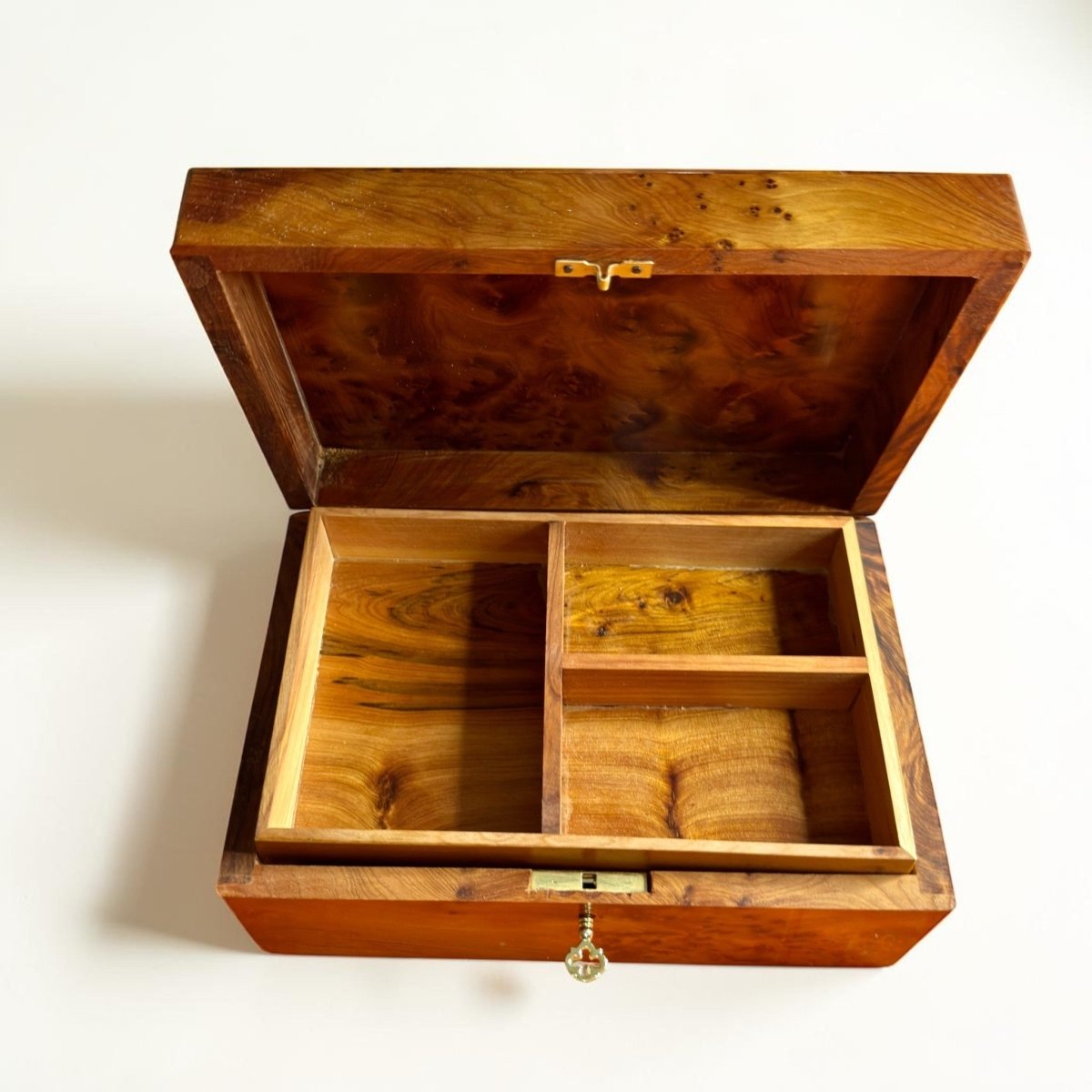 Handmade Moroccan wooden box with two tier organizer interior