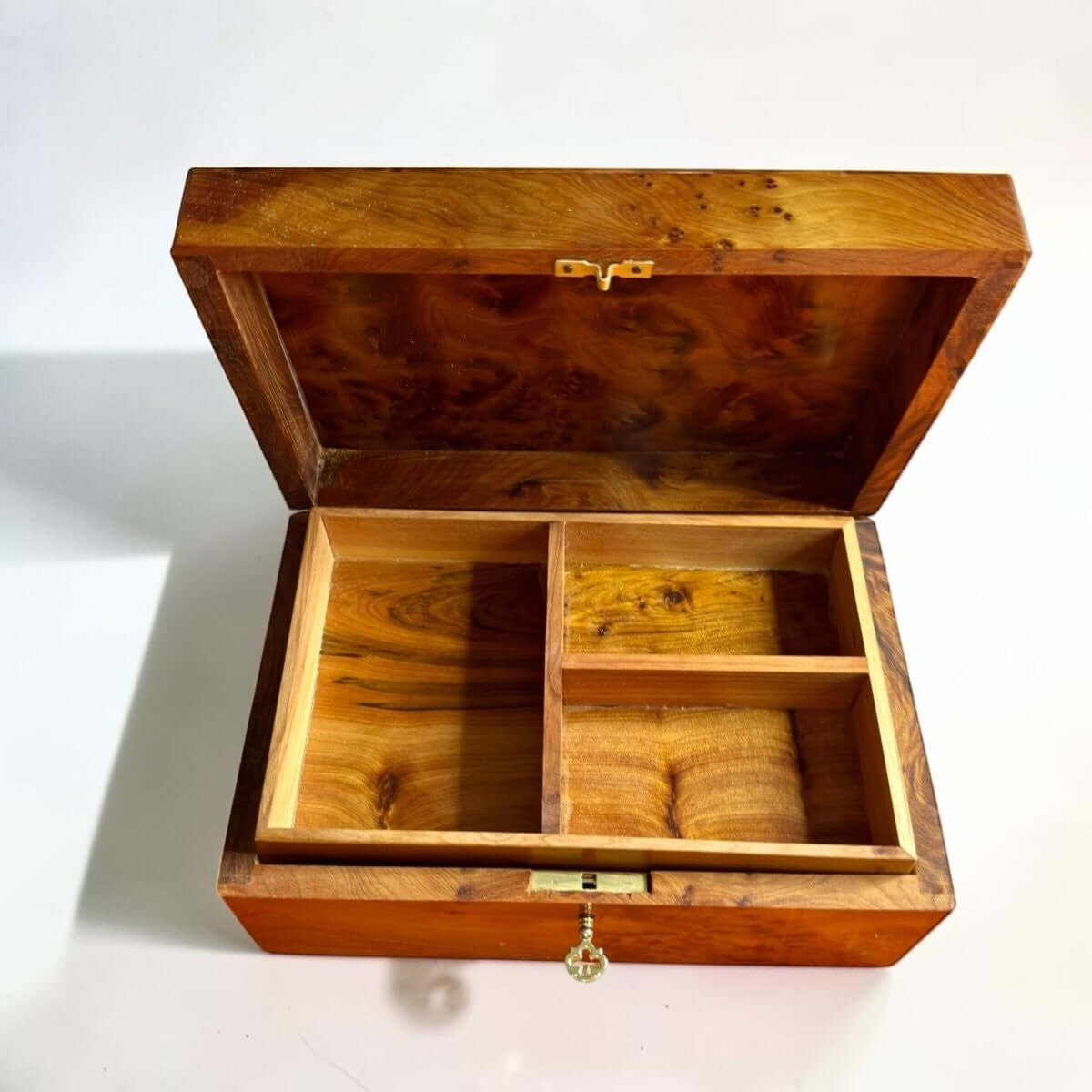 Interior view of Wooden Box Holder with Key – Handmade Moroccan Thuya Storage Box featuring compartments for organization.