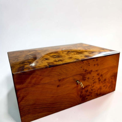 Wooden Box Holder with Key – Handmade Moroccan Thuya Storage Box made from Thuya burl wood, featuring a classic lockable design.