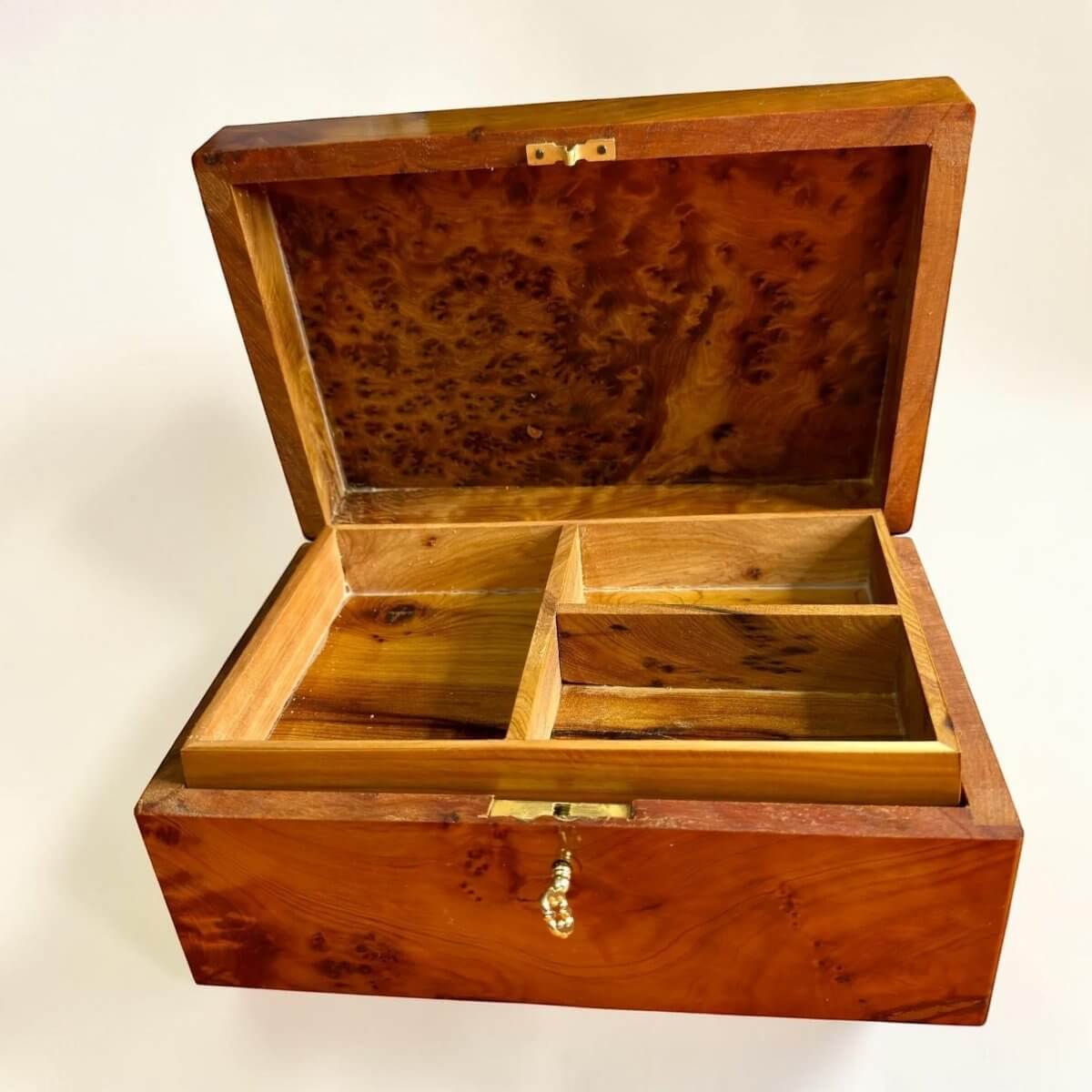 Handmade wooden box organizer with key and Moroccan Thuya burl pattern