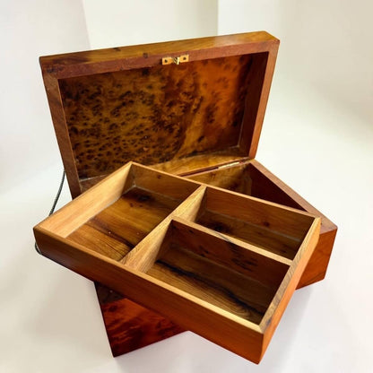 Open Thuya wood organizer box with divided tray and key detail