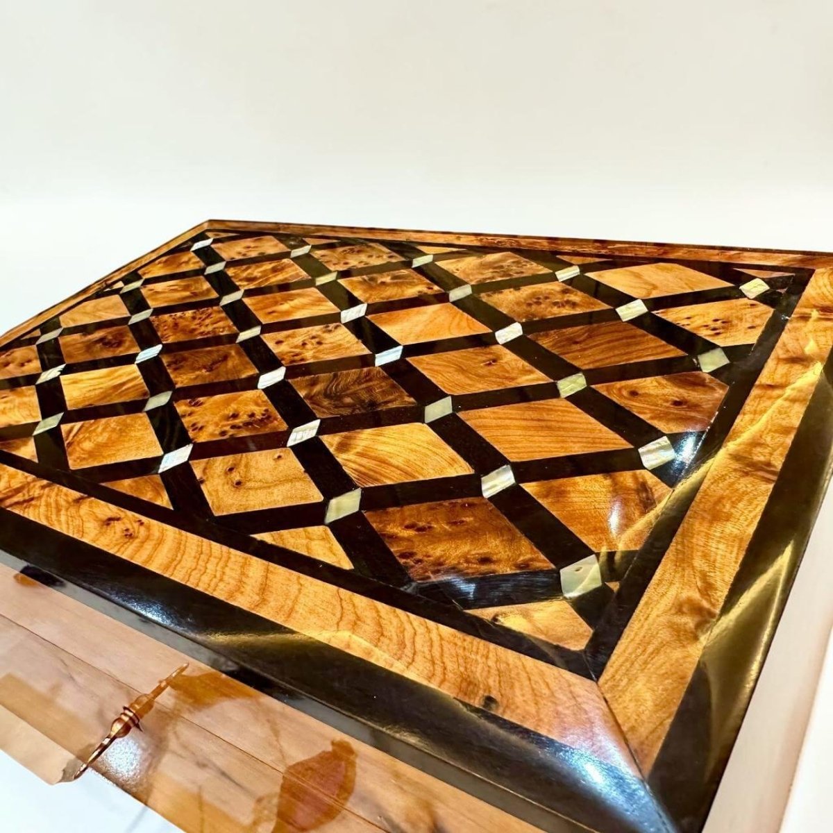 Moroccan Thuya jewelry box with dark wood and mother of pearl style inlay