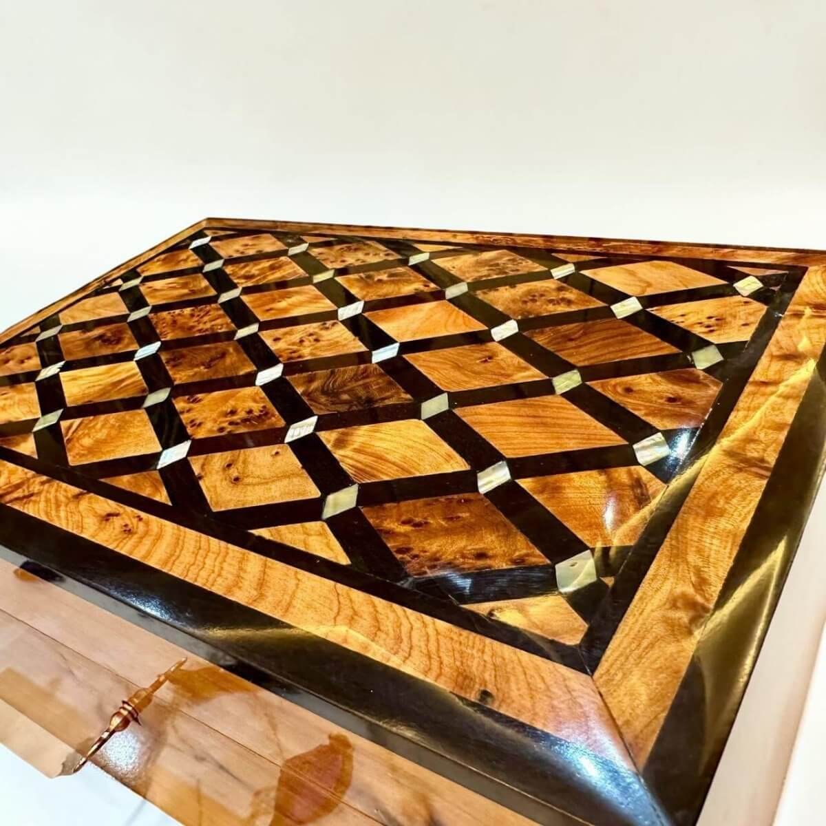 Moroccan Thuya jewelry box with dark wood and mother of pearl style inlay