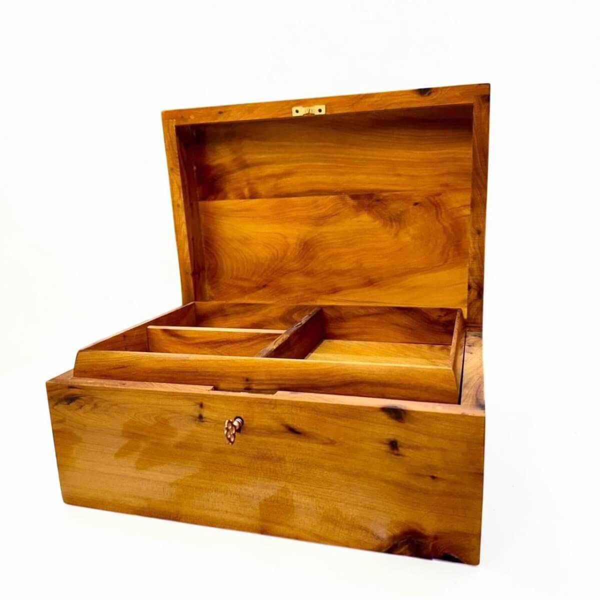 Open Thuya wood jewelry box with divided interior compartments