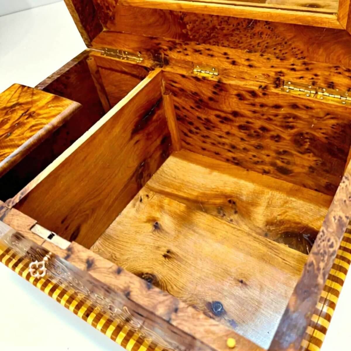 Interior view of Wooden Jewelry Box with Mirror – Vintage Moroccan Thuya Box with Key, showcasing handcrafted Thuya burl wood.