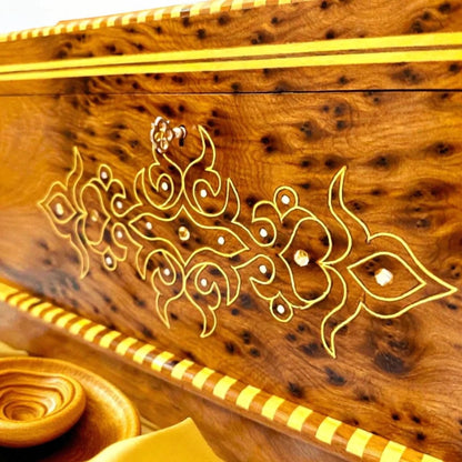 Vintage Moroccan Thuya jewelry box with mirror inside and key detail