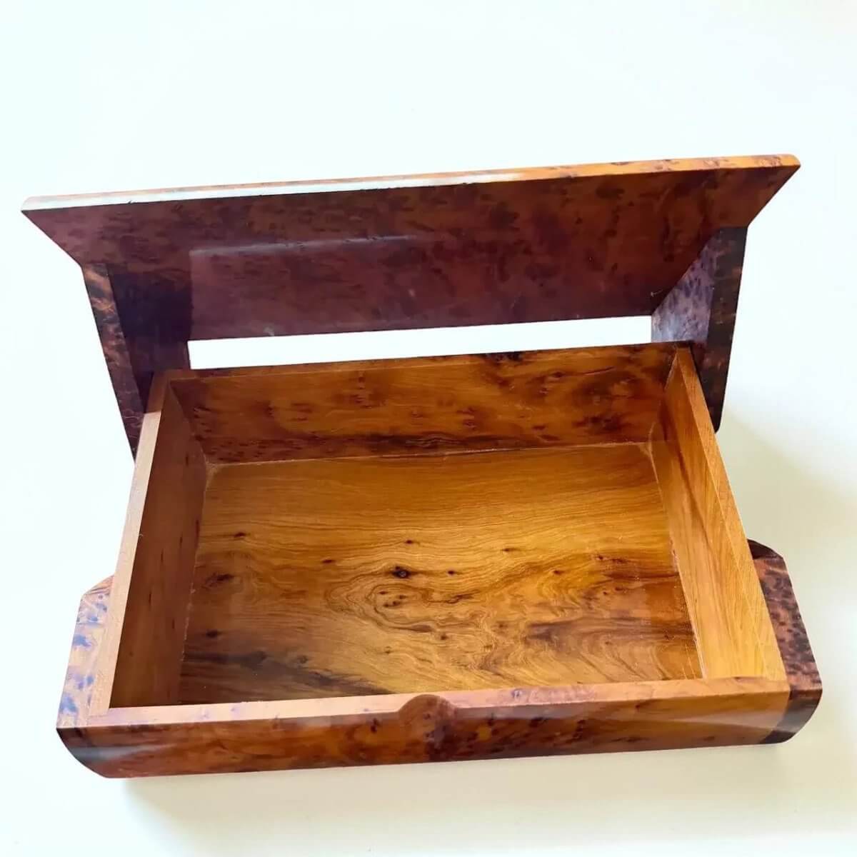 Wooden Keepsake Box – Handmade Moroccan Thuya Storage Box, inside view of handcrafted Thuya burl wood jewelry box.
