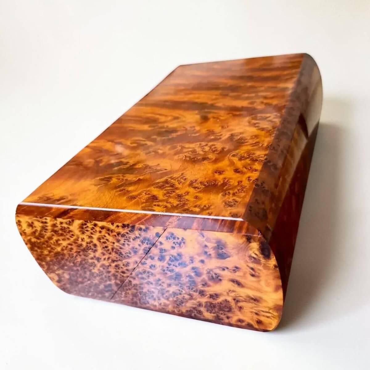 Wooden Keepsake Box – Handmade Moroccan Thuya Storage Box, showcasing rich amber Thuya burl wood grain and polished finish.