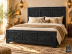 Black Wood Bed Frame – Hand-Carved Moroccan Solid Wood Bed