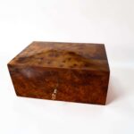 Thuya Burl Wood Jewelry Box with unique grain, handcrafted Moroccan keepsake box, lockable design.