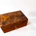 Thuya Burl Wood Jewelry Box with unique grain, handcrafted, lockable design for jewelry storage.