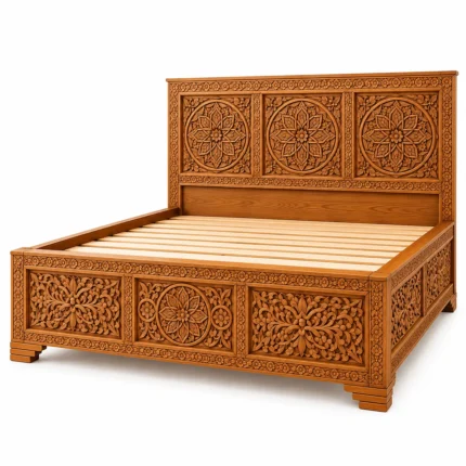 Carved Headboard Bed Frame – Handmade Moroccan Solid Wood Bed