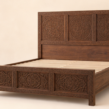 Hand-carved Moroccan wooden bed frame