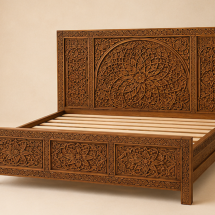 Carved Headboard Bed Frame Handmade Moroccan Solid Wood Bed