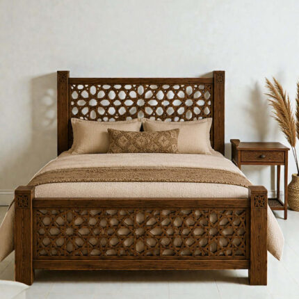Solid wood bed frame with hand-carved Moroccan headboard and footboard