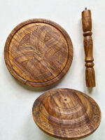 Carved wood folding fruit basket with floral border and pedestal