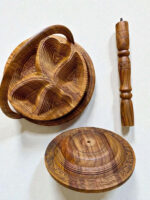 Carved wooden folding fruit basket with handle, base and legs