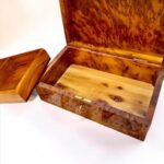 Lockable Thuya Wood Jewelry Box – Moroccan Burl with detailed internal finish and unique craftsmanship.