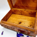 AtlasMuseCrafts luxury wooden jewelry box organizer, handcrafted Thuya burl with two-level storage and brass key lock.