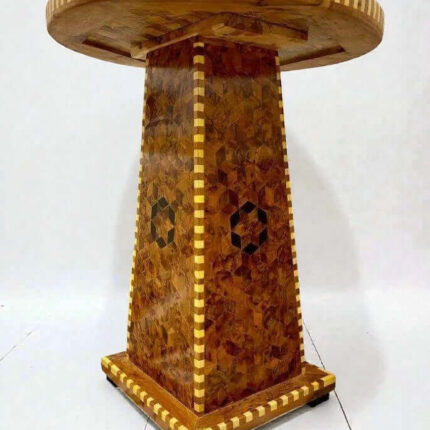 Solid wood dining table handmade in Morocco with geometric inlay pedestal