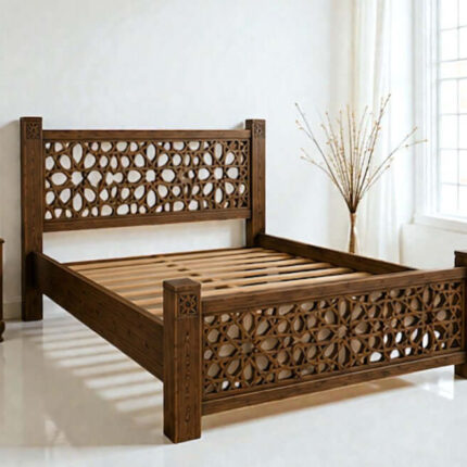 Custom solid wood bed frame handmade in Morocco with carved details