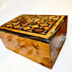 Luxury Wooden Jewelry Box made from Thuya burl wood with intricate geometric inlay design and lockable keepsake feature.