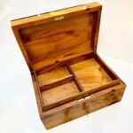 Luxury Wooden Jewelry Box with compartments, handcrafted from Thuya burl wood, showcasing rich amber color, perfect for organizing jewelry.