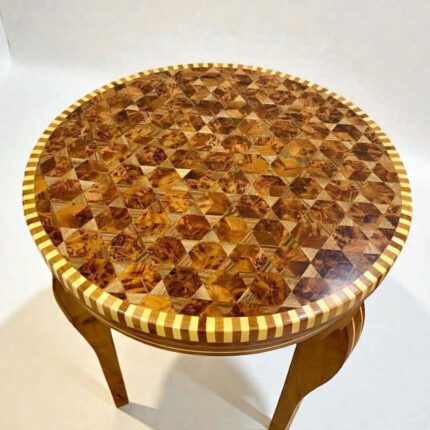 Handmade coffee table with geometric mosaic wood top