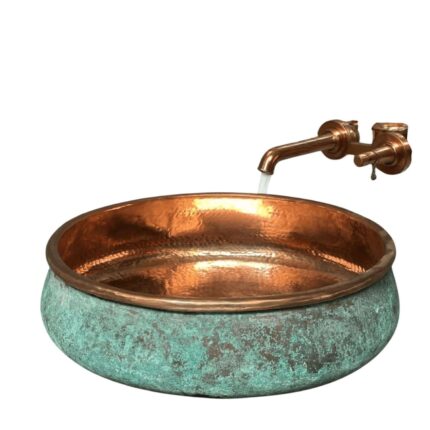 Two tone green patina copper vessel sink