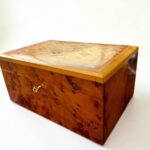 Handmade Moroccan Thuya Box, lockable keepsake box in rich Thuya burl wood with intricate design.