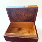 Large Wooden Box Organizer made of Thuya burl wood, featuring a spacious interior for keepsakes and jewelry.