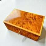 Luxury Wooden Jewelry Organizer – Moroccan Thuya Burl, handcrafted Thuya burl wood box with polished amber finish.