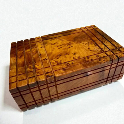 Puzzle Wooden Box with Hidden Compartments, handcrafted Thuya burl wood, unique design, lockable keepsake box.