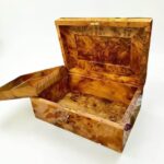 Thuya Wood Jewelry Box with Lock – Moroccan Burl, handcrafted keepsake box with amber-toned Thuya burl interior.