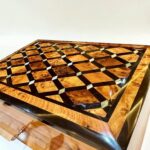 Moroccan Thuya jewelry box with dark wood and mother of pearl style inlay