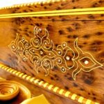 Close-up of intricate design on Wooden Jewelry Box with Mirror – Vintage Moroccan Thuya Box with Key, showcasing Thuya burl wood.
